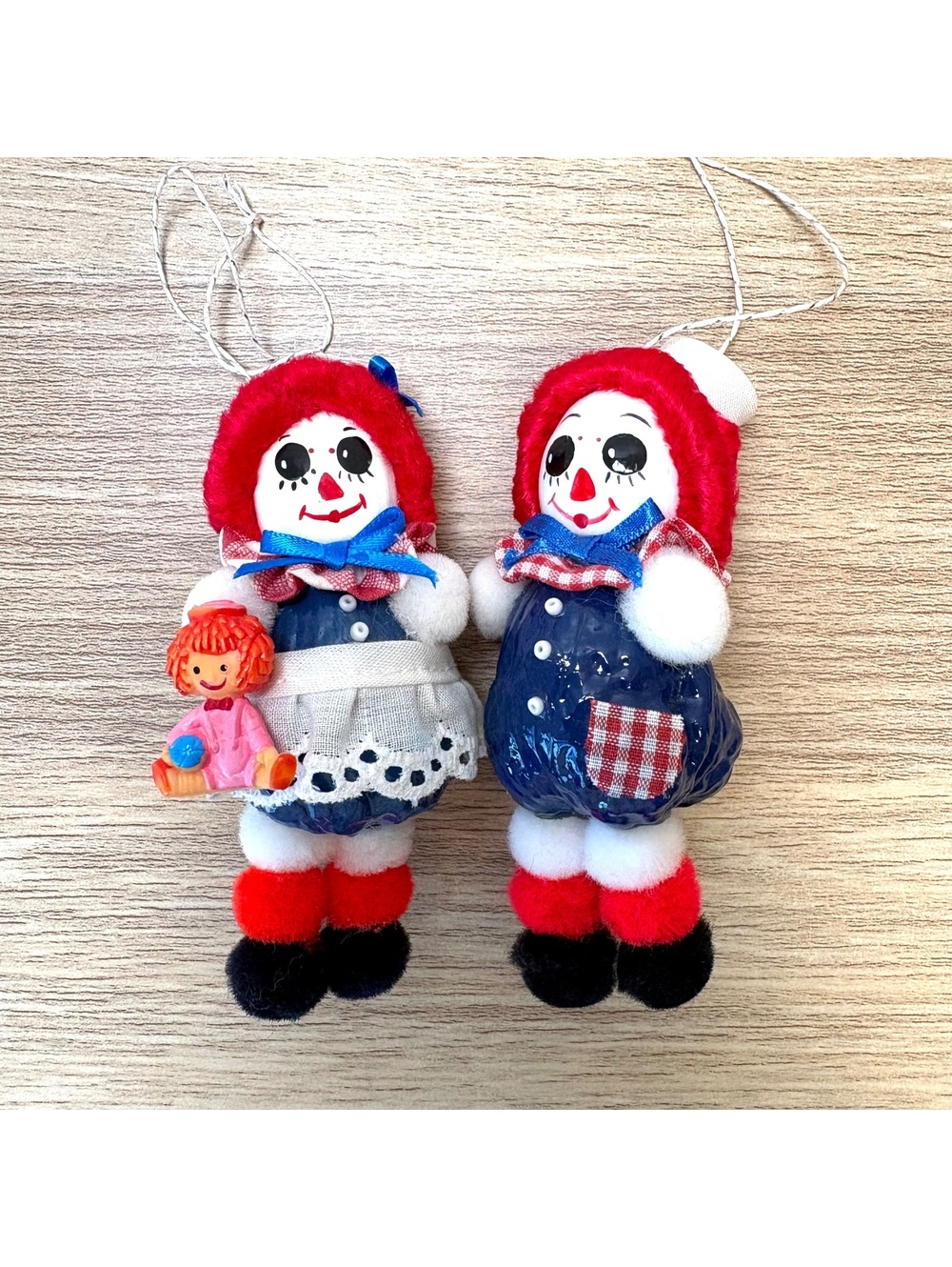 Raggedy Ann & Andy Christmas Ornaments Pair Snowman Outfits Vintage Holiday